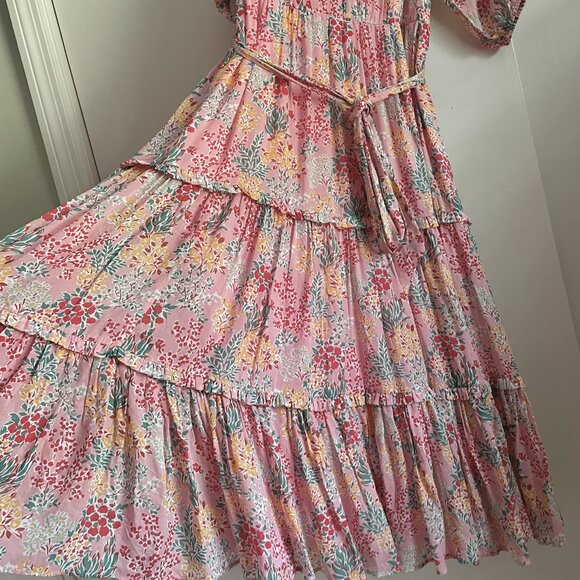 Boden Garden Bouquet Puff Sleeve Tiered Ruffle Midi Dress 10P Pink Floral Boho - Picture 4 of 16